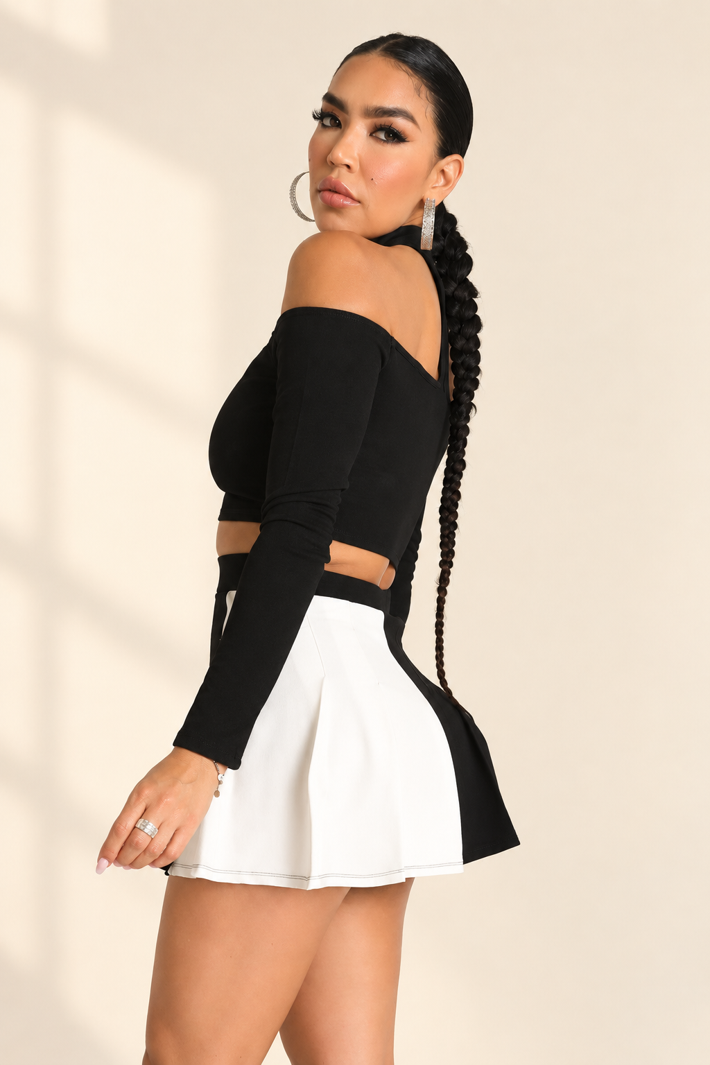 Choker off-shoulder top set - warm ivory boutique studio background, alternate angle 2