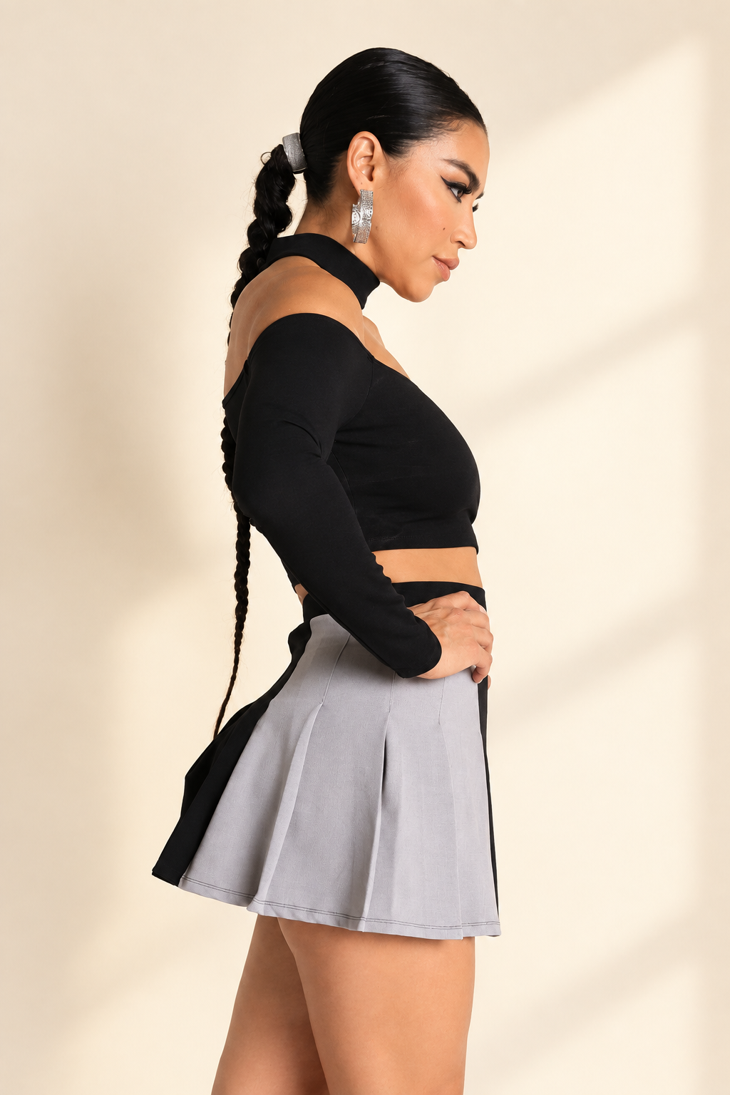 Choker off-shoulder top set - warm ivory boutique studio background, alternate angle