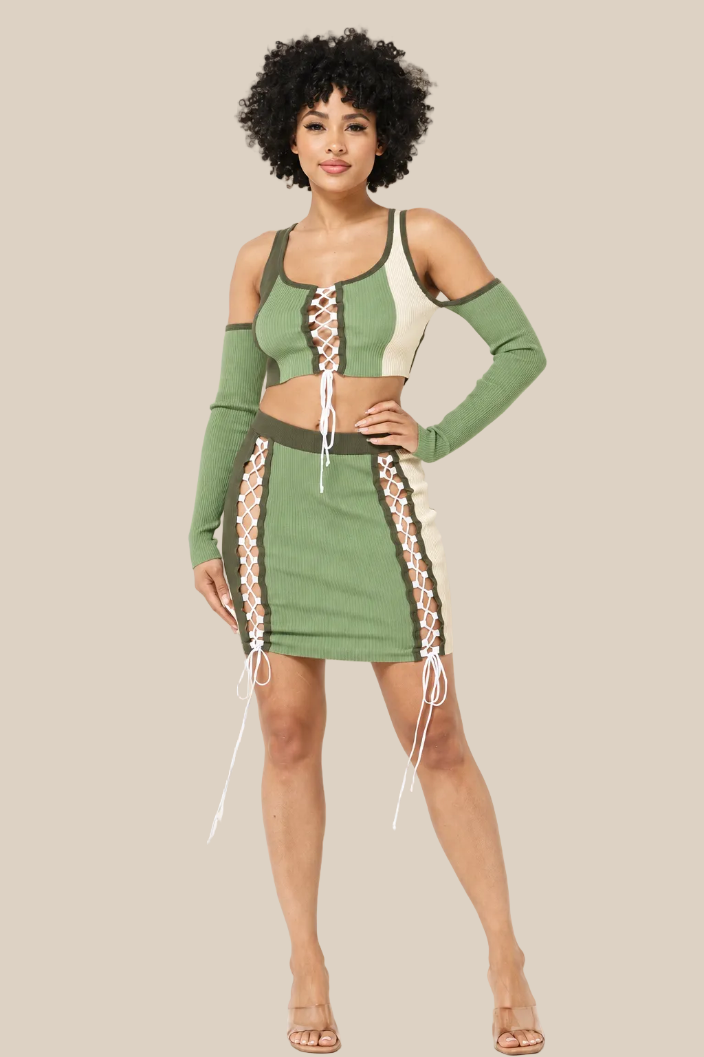 Olive multi color block set on a warm ivory boutique background, angle 2