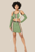 Olive multi color block set on a warm ivory boutique background, angle 2