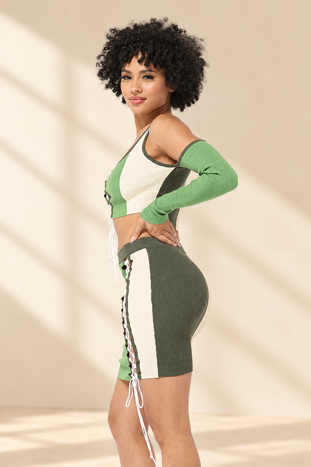 Olive multi color block set on a warm ivory boutique background, angle 5