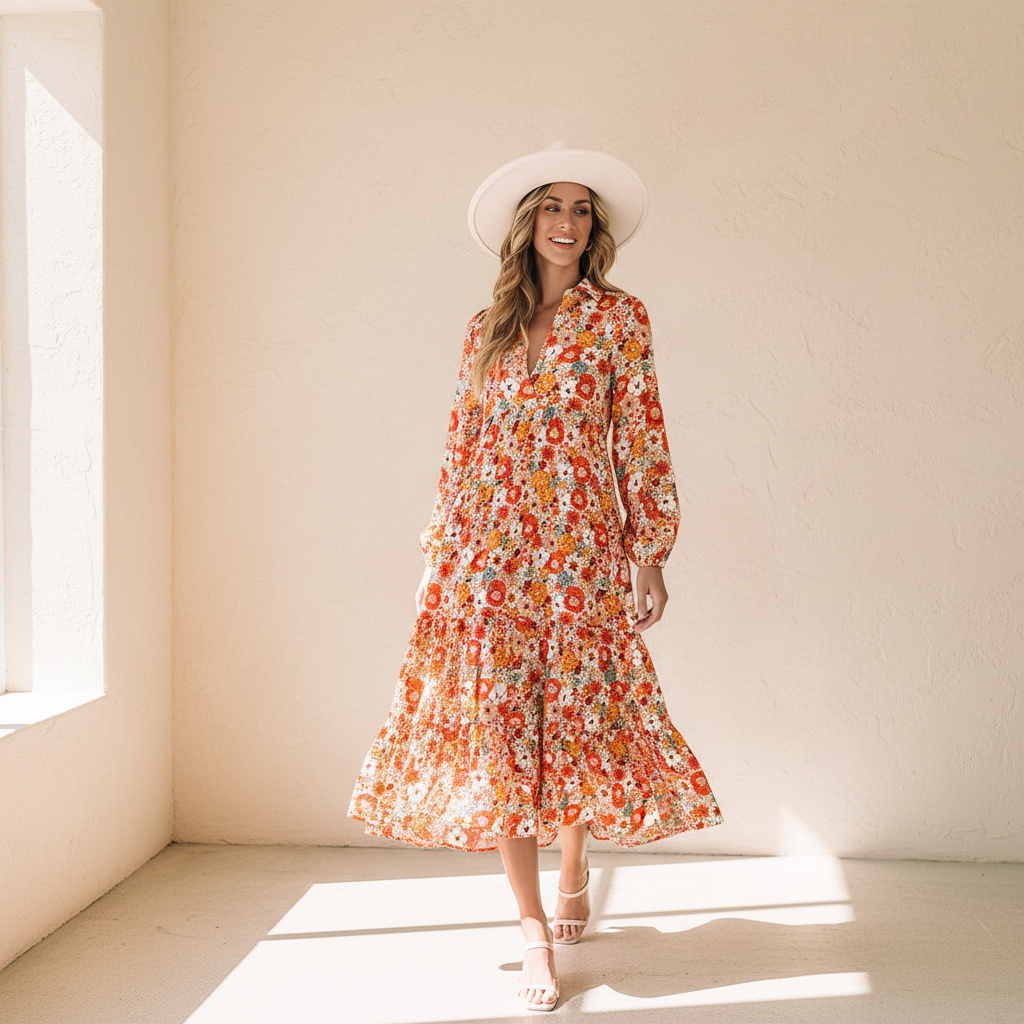 Multicolor boho floral collared long sleeve ruffled dress on a warm ivory boutique studio background