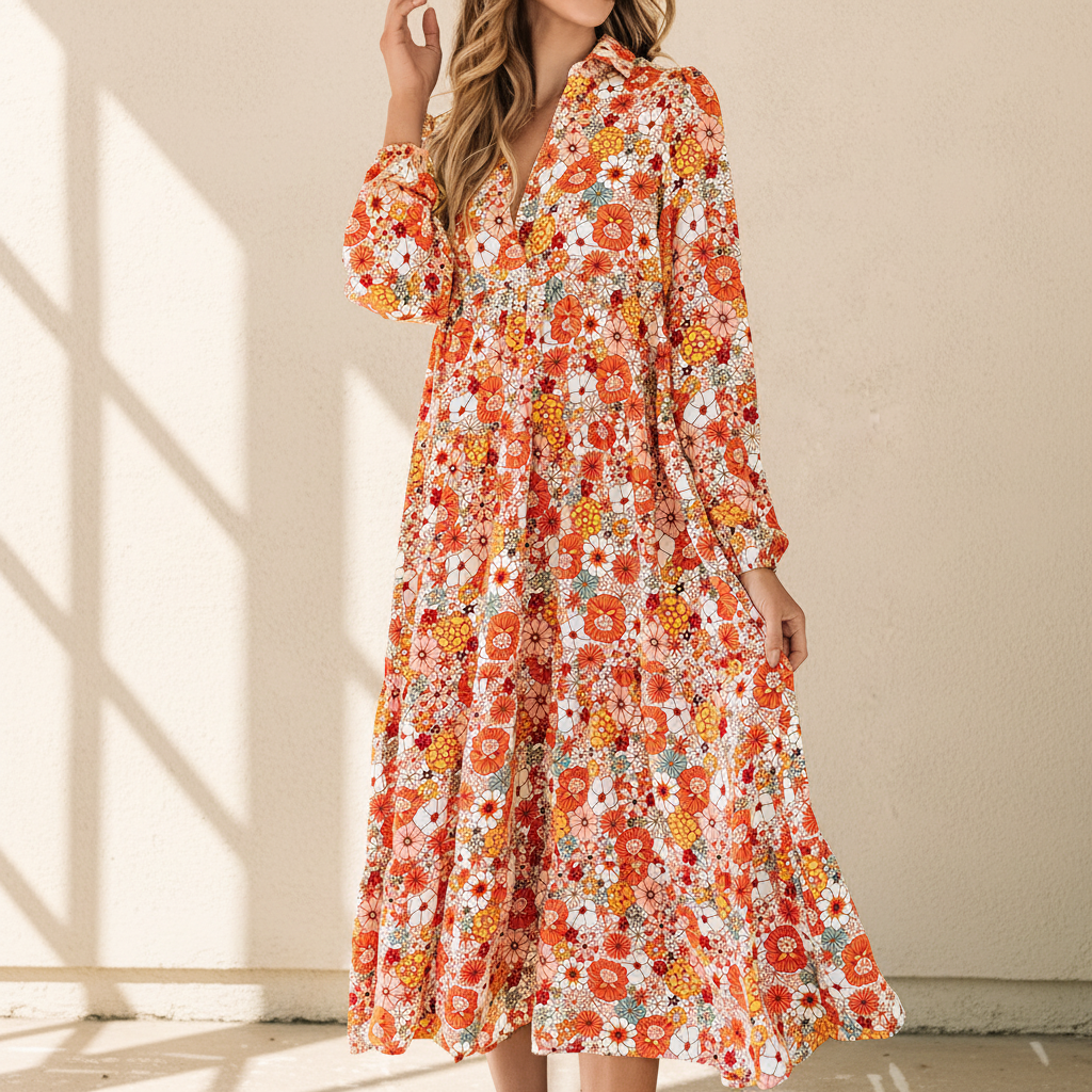 Multicolor boho floral collared long sleeve ruffled dress on a warm ivory boutique studio background