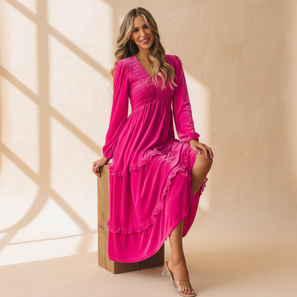 Rose red shirred V neck long sleeve velvet dress on a warm ivory boutique studio background