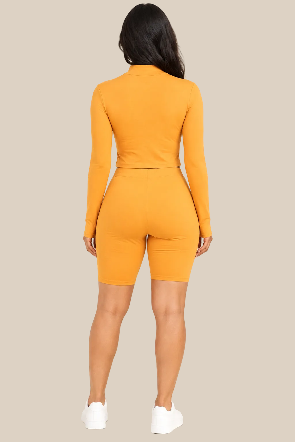 Tomato Cream mock neck top and biker shorts set, back view on a warm ivory boutique background