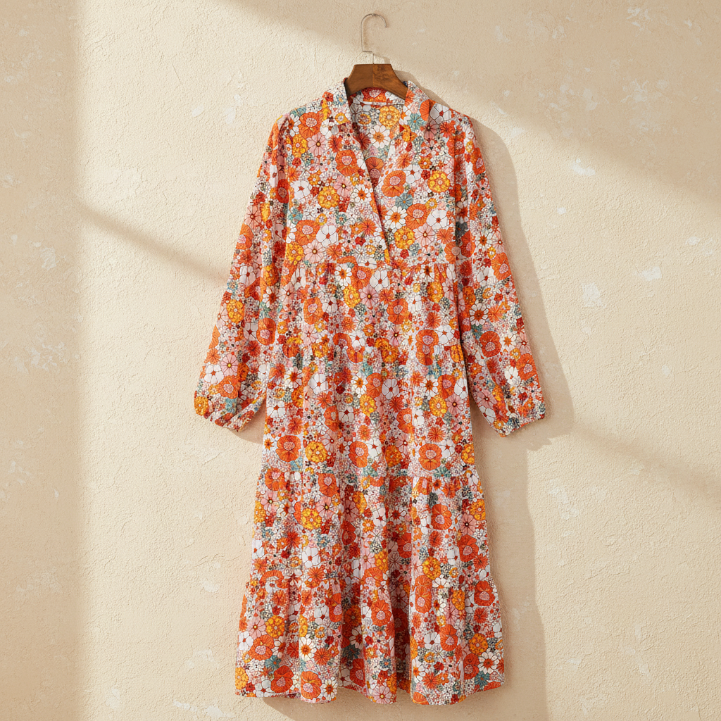 Multicolor boho floral collared long sleeve ruffled dress on a warm ivory boutique studio background