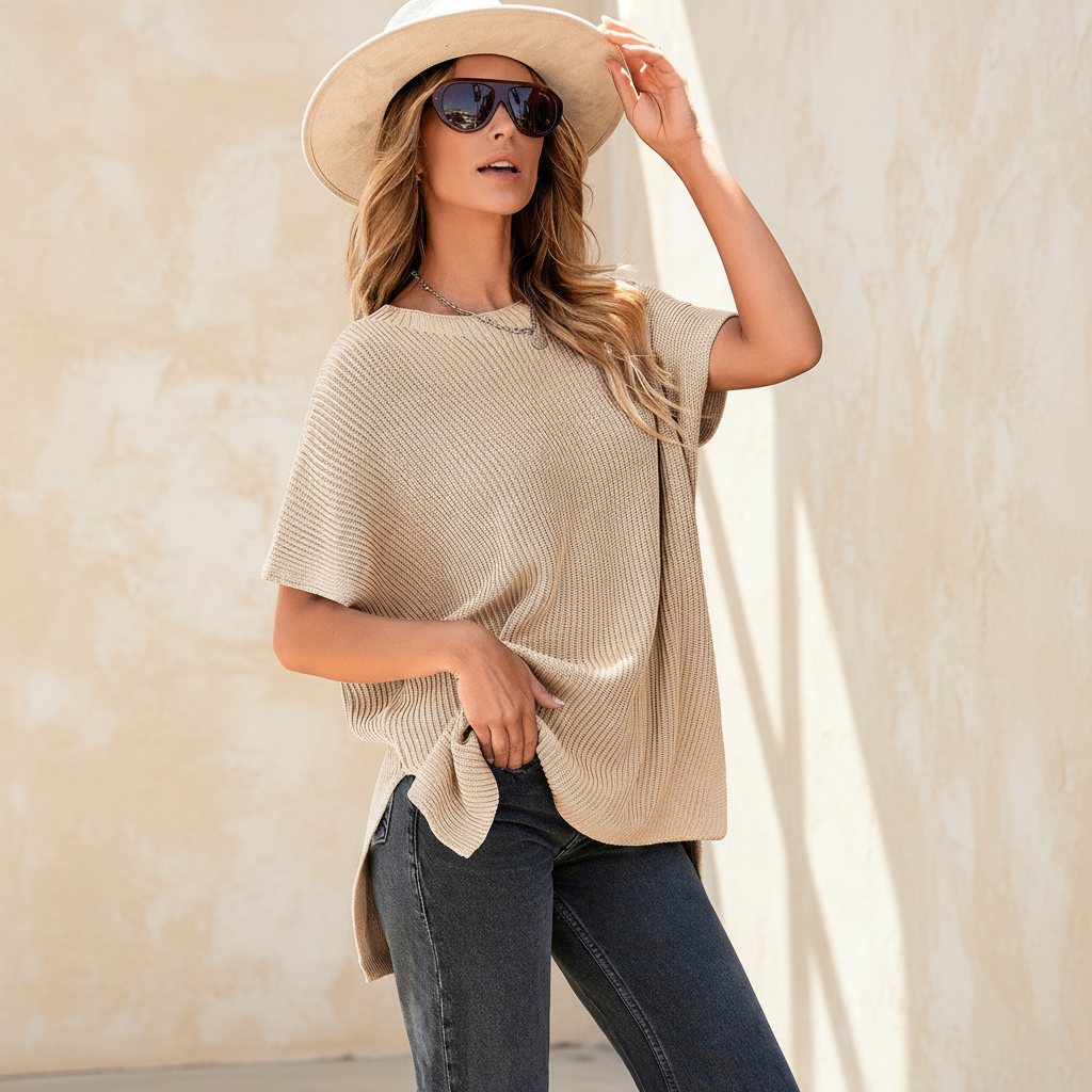 Apricot short sleeve side slit oversized sweater on a warm ivory boutique studio background