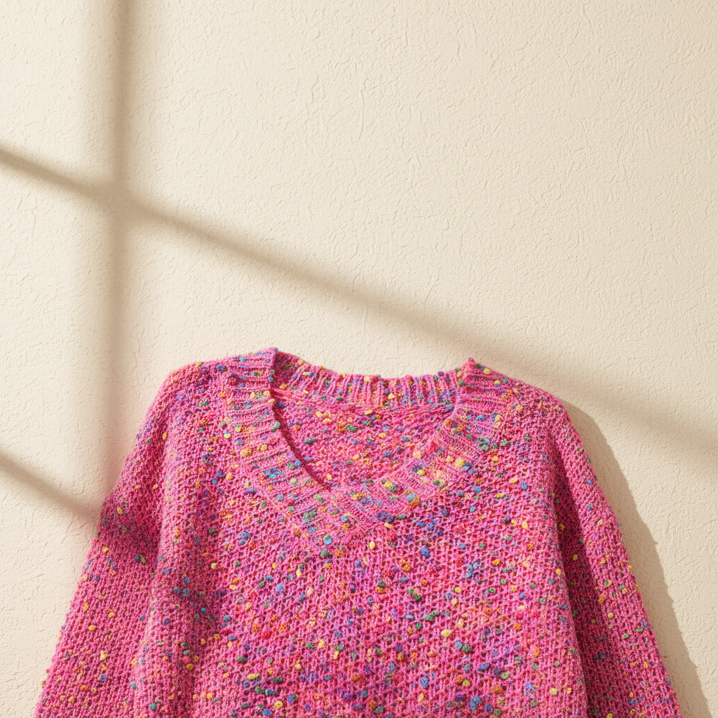 Dark pink colorful spots knitted V neck casual sweater on a warm ivory boutique studio background