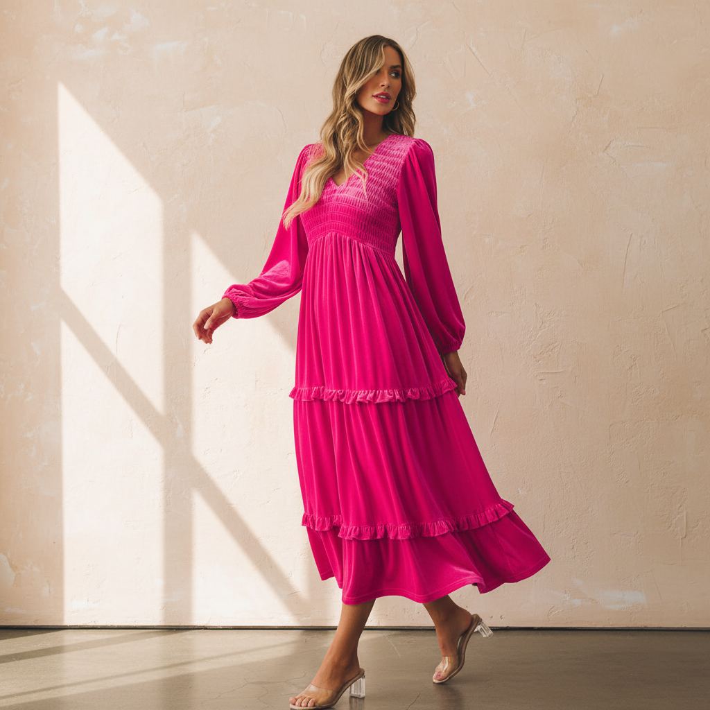 Rose red shirred V neck long sleeve velvet dress on a warm ivory boutique studio background
