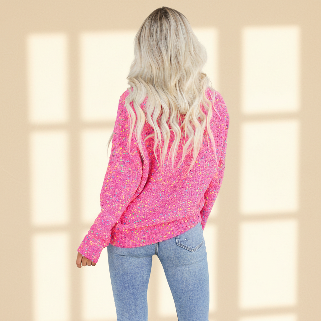 Dark pink colorful spots knitted V neck casual sweater on a warm ivory boutique studio background