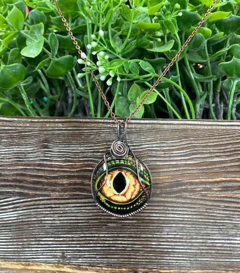 Wire Wrapped Graphic Art Dragon Eye Glass Pendant