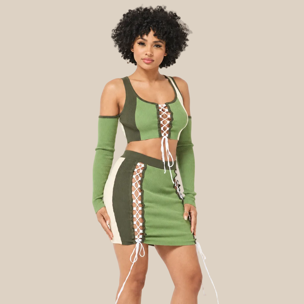Olive multi color block set on a warm ivory boutique background, angle 3