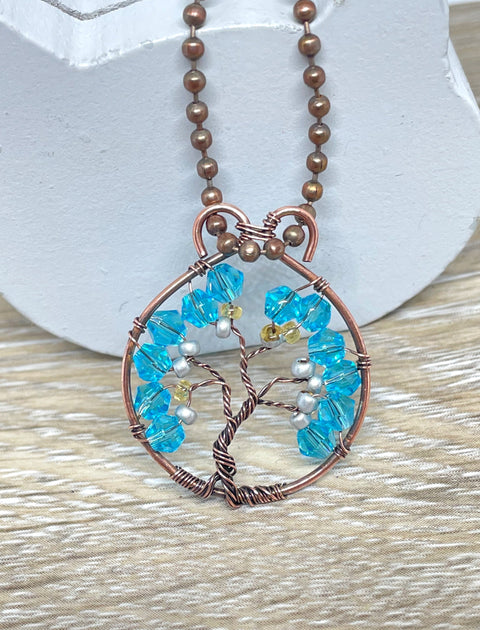 Mini Wire Wrapped Tree of Life Pendant with Glass Crystals