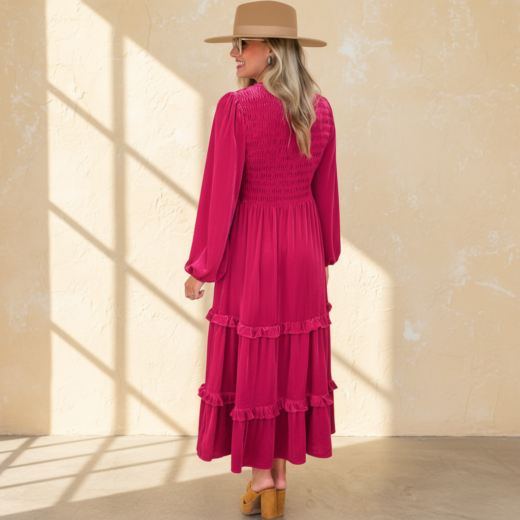 Rose red shirred V neck long sleeve velvet dress on a warm ivory boutique studio background