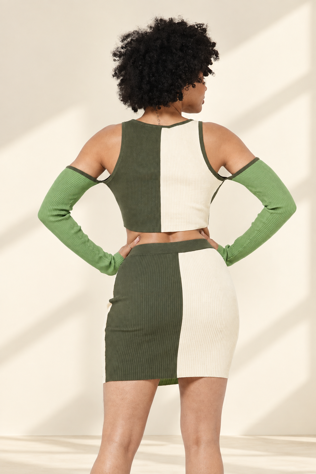 Olive multi color block set on a warm ivory boutique background, angle 7