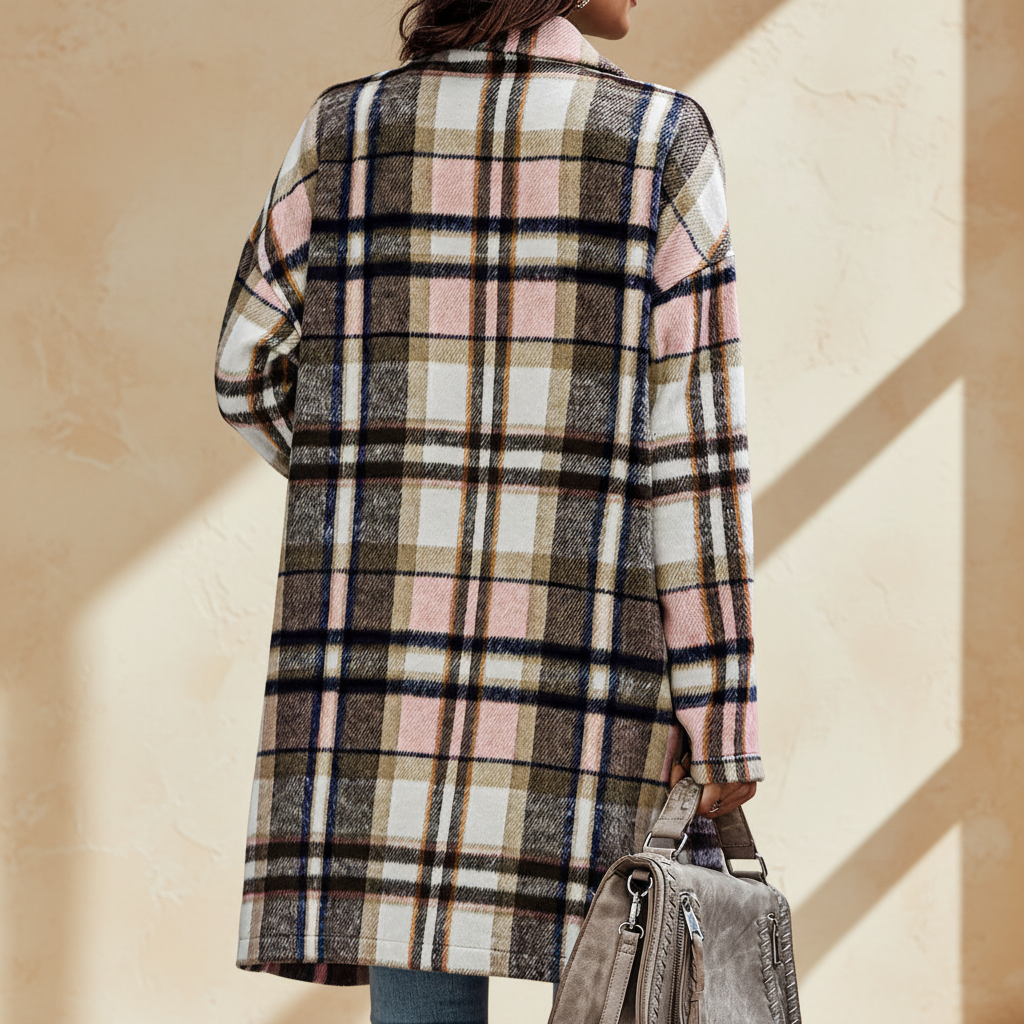 Pink plaid button up lapel jacket on a warm ivory boutique studio background
