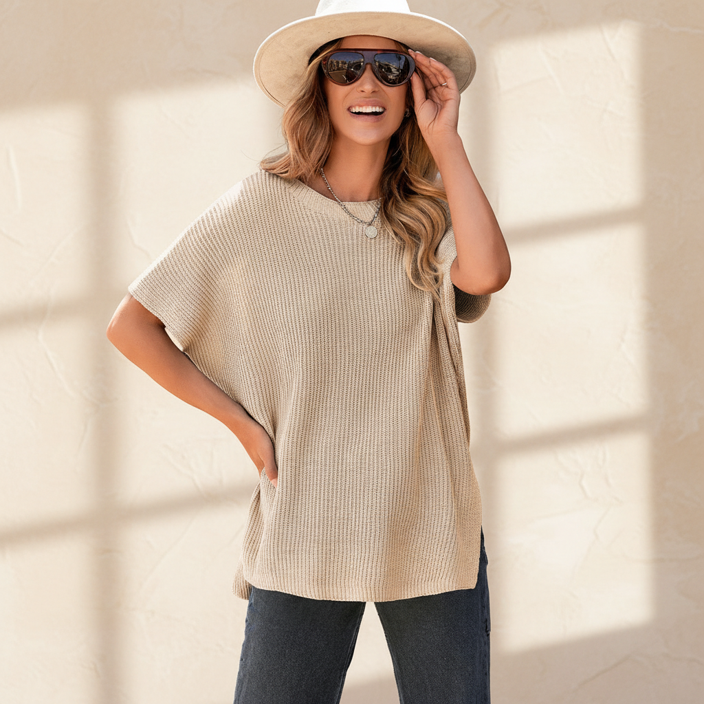 Apricot short sleeve side slit oversized sweater on a warm ivory boutique studio background