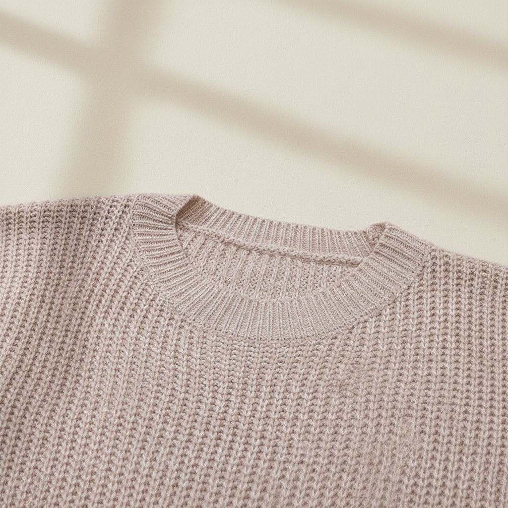 Parchment cable knit sleeve drop shoulder sweater on a warm ivory boutique studio background