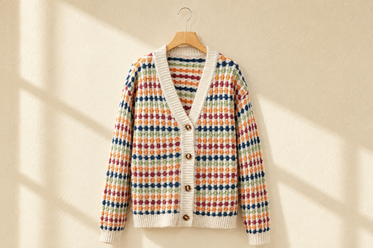 Multicolour dotty pattern knit button-front V-neck sweater cardigan on a wooden hanger against a warm ivory boutique background