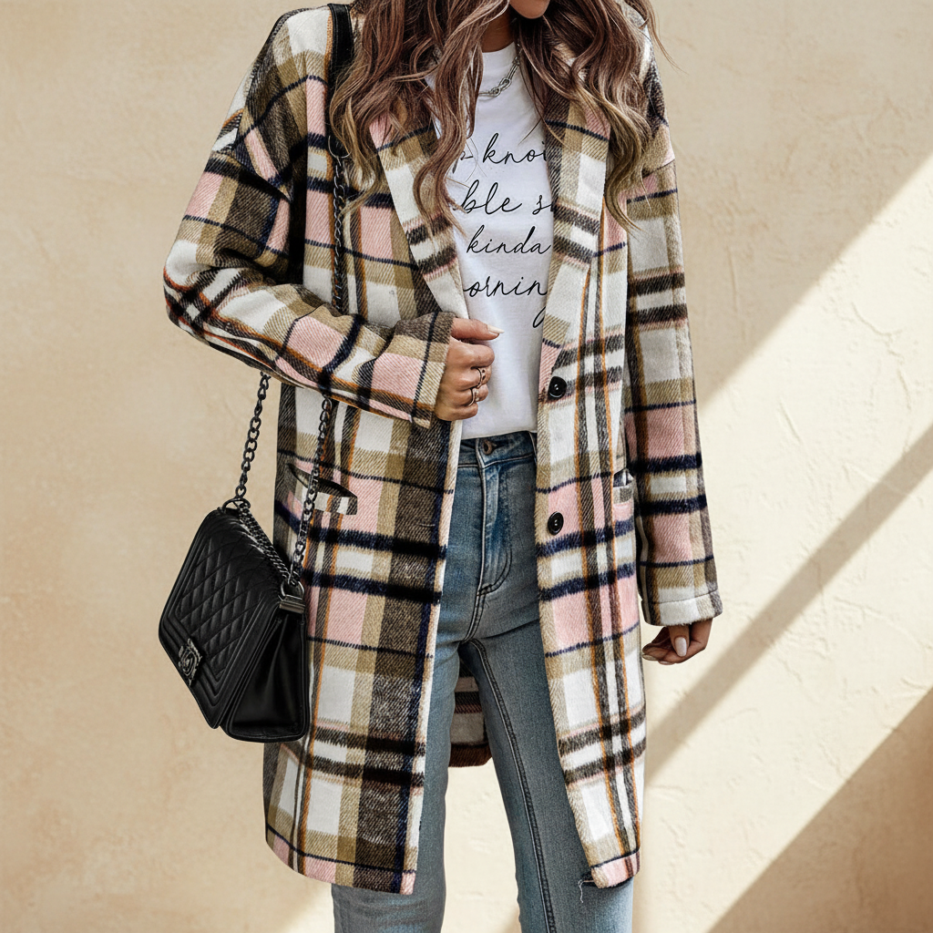 Pink plaid button up lapel jacket on a warm ivory boutique studio background