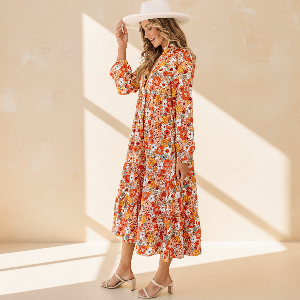 Multicolor boho floral collared long sleeve ruffled dress on a warm ivory boutique studio background